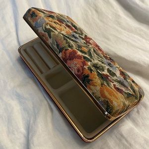 Vintage velvet and jacquard floral travel jewelry case with mirror